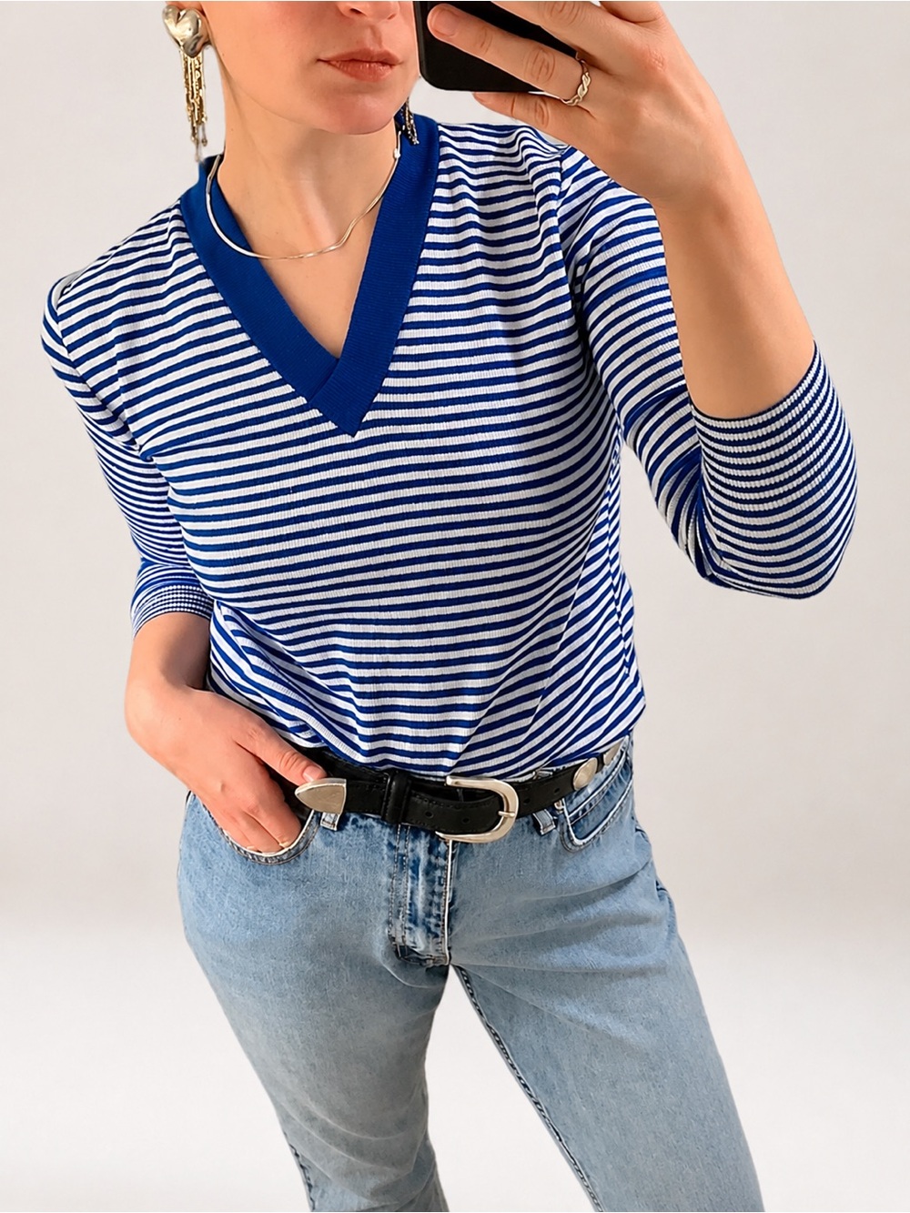 VTG Blue White Stripe V Neck Knit Pullover Sweater Jumper Academia Prep XS S M - Picture 2 of 16